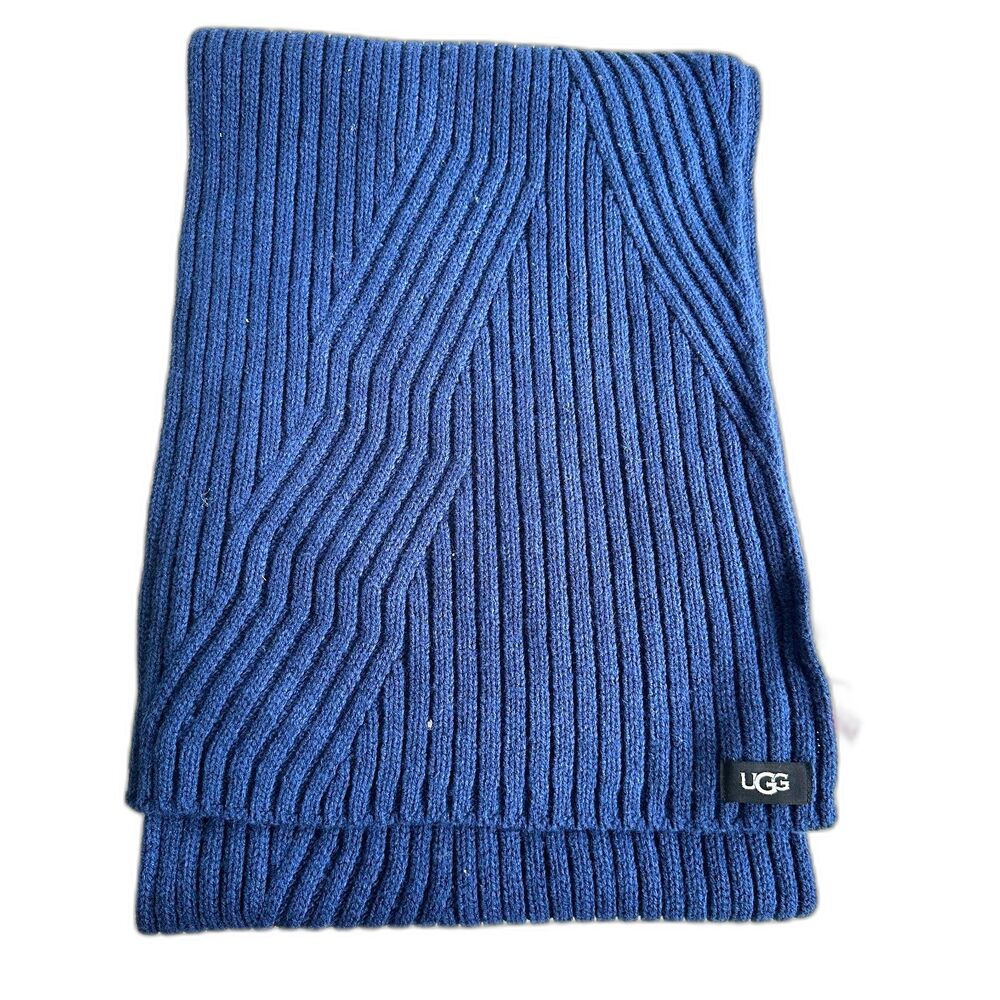 Unisex UGG Navy Blue Ribbed Knit Scarf Wool Blend – Cozy Textured Design